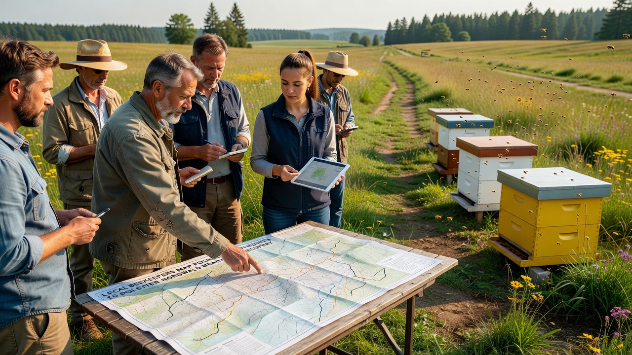 Detailed map overlay showing pollinator flight paths and restored meadow sections in the Nordwald area